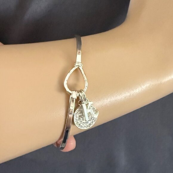 Silver Bangle Bracelet With Rhinestone Circle and K Charm - Picture 7 of 8